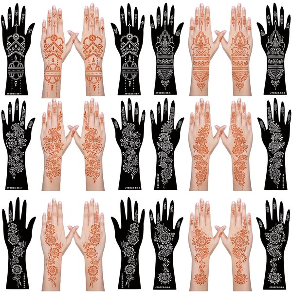 12 Sheets Henna Stencils Henna Tattoo Stencil Kit for Henna Tattoo Hand Forearm Glitter Airbrush DIY Tattooing Template, Indian Temporary Tattoo Stickers Mehndi Stencils for Hand Body Art