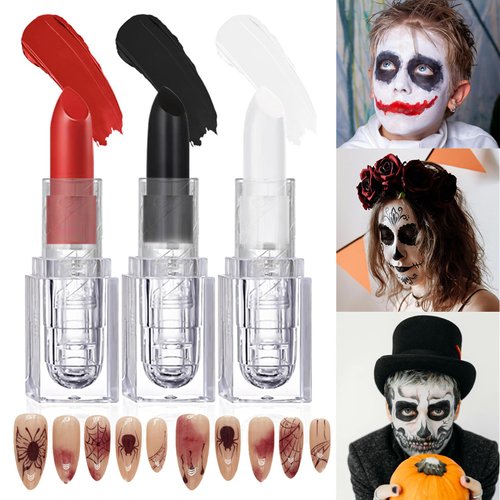 Miaritick Party Vampire Makeup Set, 3 Colors Matte Lipstick and Bloody Spider Fake Nails Kit, Long Lasting Waterproof Velvet Lip Stick for Party, Masquerade, Cosplay, Halloween Makeup