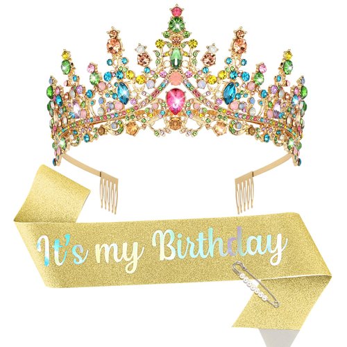 BAHABY It's My Birthday Sash & Rhinestone Tiara Set Princess Birthday Sash and Crown for Women Birthday Decorations for Women Girls (Multi-colors)