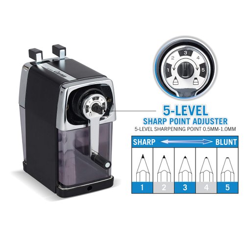 CARL Pencil Sharpener, CC-2000, Black, 5-Point Selector. Manual, Quiet for Office and Home Desks, School Classroom, CUI19018