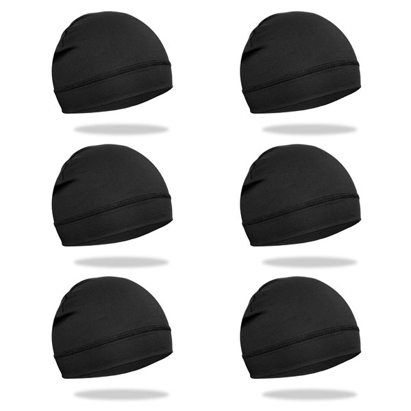 6 Pcs Skull Cap Sweat Wicking Helmet Liner Breathable Cycling Beanie Black Running Sports Hat Cooling Head Wraps for Men (Black Pack)