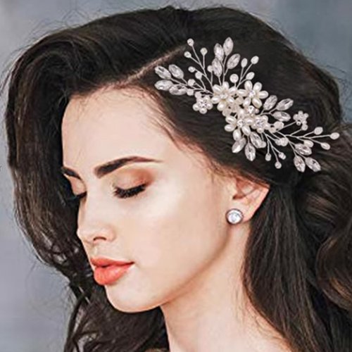 Bride Wedding Hair Comb Pearl Flower Hair Piece Rhinestone Bridal Hair Accessories for Women (Silver) Christmas