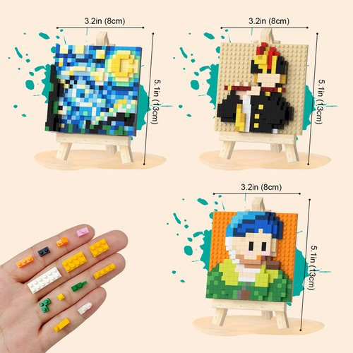 3 Packs World Famous Painting MOC Building Block Set, The Starry Night & Self-Portrait with Bandaged Ear & The Fifer, with Mini Easel x 3 Mini Building Blocks Set (Not Compatible with Lego)