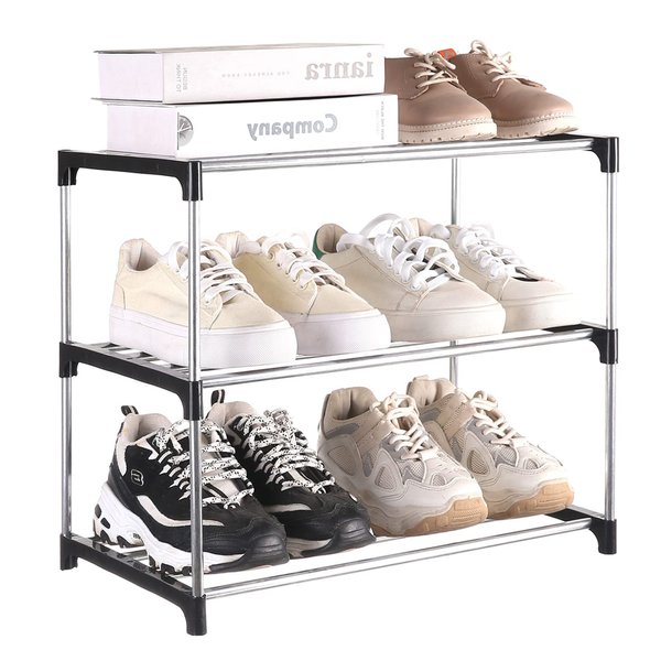 Fouews Small Shoe Rack, Narrow Stackable Shoe Shelf Organizer for Entryway, Doorway and Bedroom Closet (3-Tier, Black)