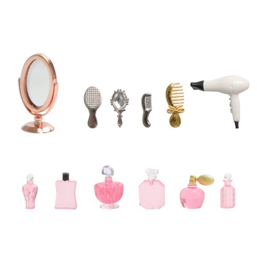 1/12 Scale Miniature Bathroom Accessories Kit Mini Plastic Hair Dryer Brush Comb Mirror Perfume B...