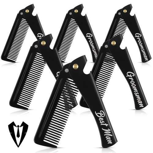 Lineshading 6 Pcs Folding Beard Comb for Men Groomsmen Gift Best Man Gift Pocket Combs Bulk Hair Mustache Comb for Grooming Detangling Wedding Favor Gift (Black,Stainless Steel)