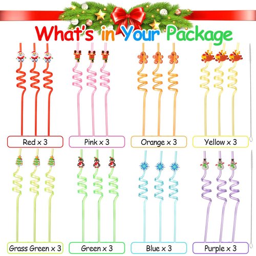 Christmas Straws, Bulk Christmas Gifts, Christmas Party Favors, Goodie Bags, Christmas School Party Favors, 24 Christmas Straws & 2 Cleaning Brushes-Cartoon