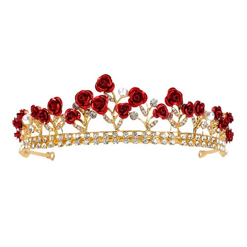 Red Rose Tiara Bridal Wedding Crystal Crown Gold Flower Princess Tiara Rhinestones Pearl Headband Hair Band for Women Girls