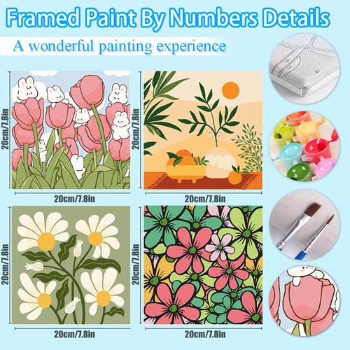UMOART Framed Paint by Numbers for Kids - 4Pack Flowers Paint by Numbers for Kids Ages 4-8-12, Paint by Number Kits on Canvas, DIY Landscape Oil Painting Acrylic Kits for Home Decor 8x8in