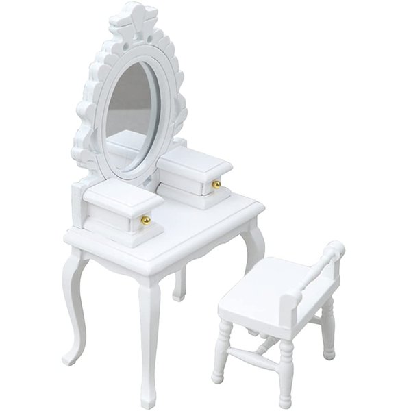 LUOZZY 2Pcs Miniature Furniture Accessories 1:12 Scale Mini Dresser Table and Stool Model Set Doll House Decoration - White