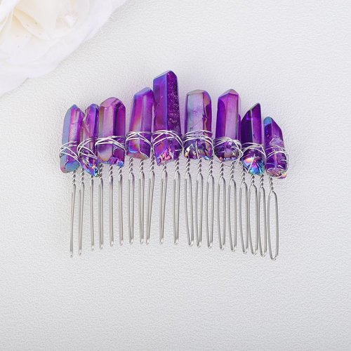 Teyglen Raw Crystal Quartz Hair Comb Clear Crystal Hair Side Comb Mermaid Rhinestone Hair Comb Sun Moon Goddess Headpiece Decorative Hair Accessories for Women Girls (Purple)