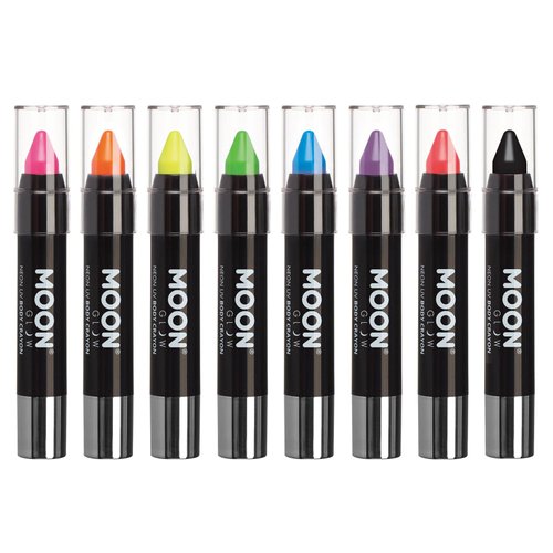 Moon Glow - Blacklight Neon Face Paint Stick / Body Crayon makeup for the Face & Body - Pastel set of 8 colours - Glows brightly under blacklights