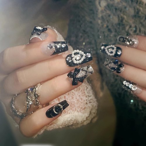 BABALAL Press on Nails Medium Coffin Fake Nails Black French Tip Glue ons Nails Cute Bow Anime Heart Charm Design Acrylic Nails 24Pcs Luxury Bling Ballerina Manicure DIY False Nails