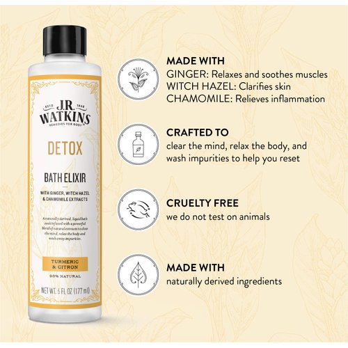 J.R. Watkins Detox Bath Elixir, Liquid Bath Soak Turmeric & Citron with Detoxifying Natural Extracts, No Salt, No Residue, 6 oz