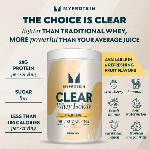Myprotein Clear Whey Isolate Protein Powder, 1.1 Lb (20 Servings) Lemonade, 20g Protein per Serving, Naturally Flavored Drink Mix, Daily Protein Intake for Superior Performance