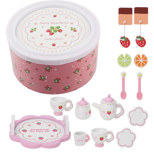 Toy Tea Set, with Storage Box Wooden Strawberry Floral Pattern Kids Tea Set Girls Tea Set for Girls Boys Age 3-12(Pink)