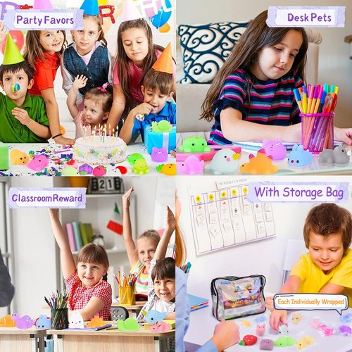 LEEHUR 100PCS Kawaii Squishies, Mochi Squishy Toys for Kids Party Favors, Mini Stress Relief Squishy Fidget Toys for Classroom Prizes for Kids Party Favors Goodie Bags Stuffers with Storage Bag