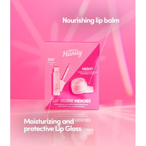 Merci Handy - Lip Glow Heroes - Lip Gloss (0.13 fl oz) - Nourishing Lip Balm (10 g) - Moisturizer - 97% natural ingredients - Day and Night Lip Care Kit - Soft Lips