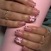 Jremg Leopard Print French Tip Press on Nails Short Square Fake Nails Pink Cheetah French Tip Glue on Nails Glossy 3D Pink Bow Charms Full Cover False Nails for Women Girls Manicure Nail Decor 24Pcs