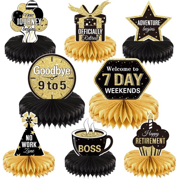 8 Pieces Retirement Party Decorations Retirement Honeycomb Centerpieces Gold and Black Retirement Table Decorations for Man and Women Happy Retirement Party Supplies, Adventure Begin
