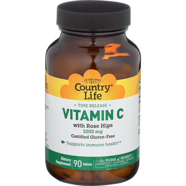Country Life Time Release Vitamin C with Rose Hips, Supports Immune Health, 1,000mg, 90 Tablets, Certified Gluten Free, Certified Vegan