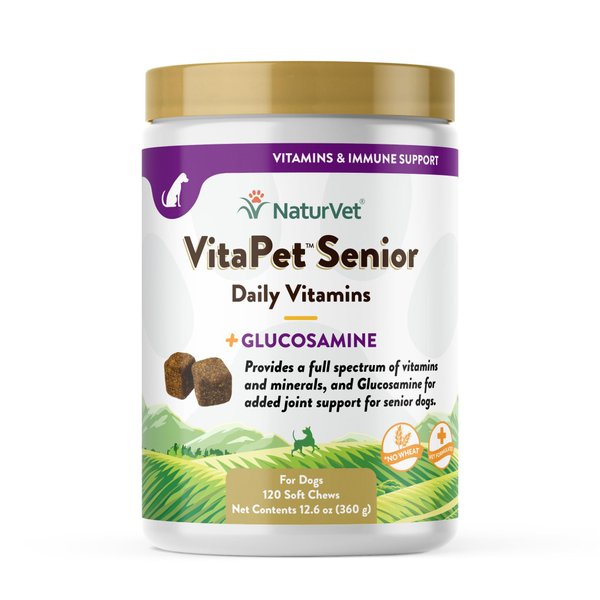 NaturVet VitaPet Senior Daily Vitamin Dog Supplements Plus Glucosamine – Includes Full-Spectrum Vitamins, Minerals – Joint Support for Older, Active Dogs – 120 Ct. Soft Chews