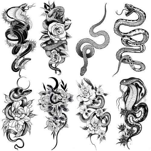 Oottati 8 Sheets Waterproof Arm Leg Temporary Tattoo Stickers Cobra Viper Deadly Snake Flower Totem Moon Suit for Men and Women