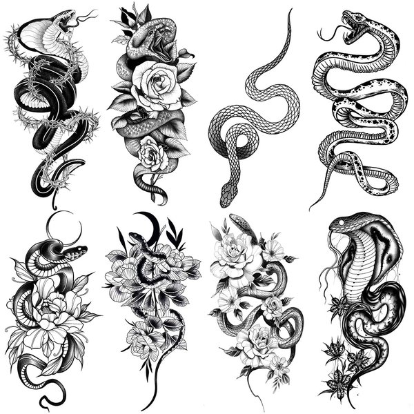 Oottati 8 Sheets Waterproof Arm Leg Temporary Tattoo Stickers Cobra Viper Deadly Snake Flower Totem Moon Suit for Men and Women