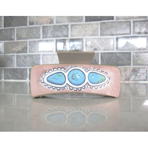 Generic Long lite tan faux leather effect turquoise blue native tribal hair claw clip