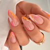 Almond Press on Nails Orange Gold Line False Nails Medium Almond Shaped Full Cover Stick on Nail Artificial Glossy Acrylic Fake Nails DIY Manicure Decoration for Women 24Pcs
