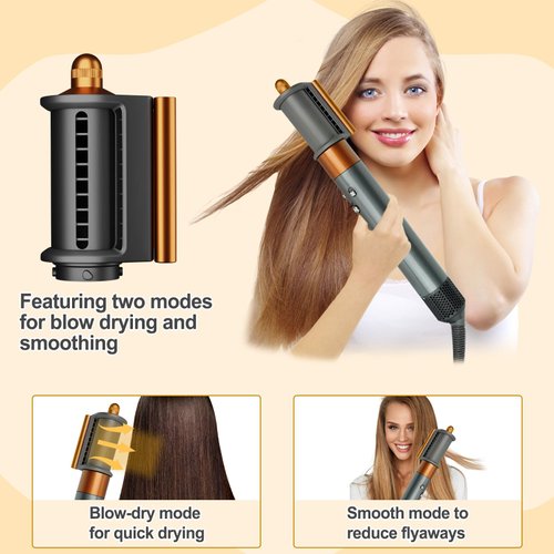 AFDD Anti-Flying Smoothing Nozzle and Round Volumizing Brush for Dyson Airwrap Styler HS01/HS05 Hair Smoothing Dryer Hair Volumizer Attachment (Gold)