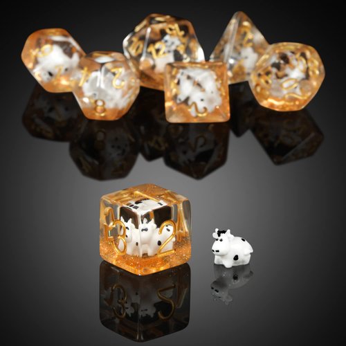 Cow DND Dice, DNDND 7PCS Resin D&D Die with Velvet Bag for Dungeons and Dragons Role Playing Games and Tabletop Games（Cow