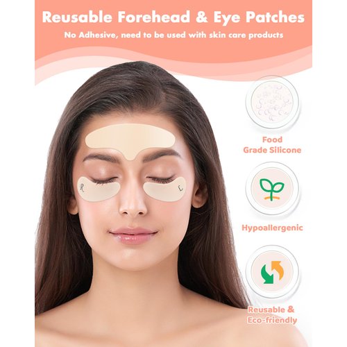 Silicone Forehead Wrinkle Patch - Non-Glue Reusable Forehead Wrinkle Patch and Eye Patches Set, Silicone Patches for Wrinkles, For Use with Face Cream or Lotion, Metal Eye Massage Stick, Silicone Bag