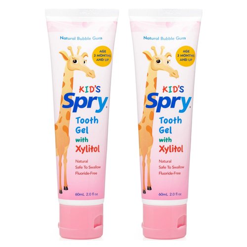 Spry Xylitol Baby Toothpaste, Natural Toddler Toothpaste, Fluoride Free Toothpaste for Kids, Xylitol Toothpaste for Kids Age 3 Months and Up, Tooth Gel Bubble Gum 2 Fl Oz (Pack of 2)