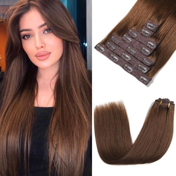 Clip in Hair Extensions,22 Inch Straight Human Hair Clip in Extensions Seamless Straight Hair Extensions Thick Long Synthetic Hairpieces For Women Natural Hair (Medium Brown)