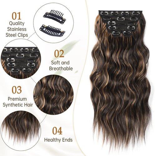 Vigorous Clip in Hair Extensions 20Inch Hair Extensions Clip Ins 6Pcs Long Wavy Hairpieces(Black&Dark mix light brown)