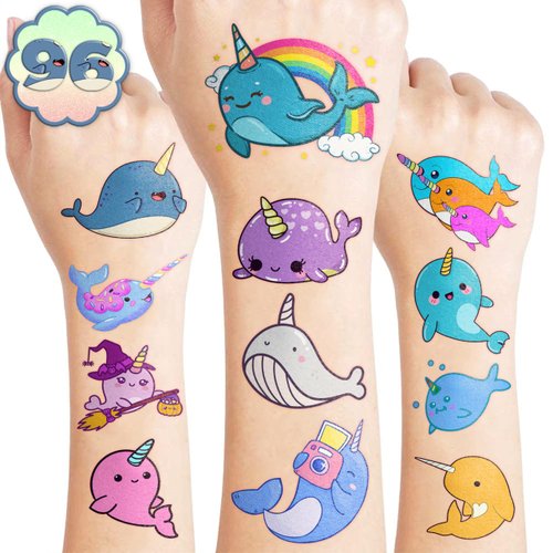 Narwhal Temporary Tattoos - Themed Whale Unicorn Birthday Party Supplies Decorations 96PCS Tattoos Stickers Party Favors Animal Fun Super Cute Kids Girls Boys Gifts Classroom School Prizes Christmas