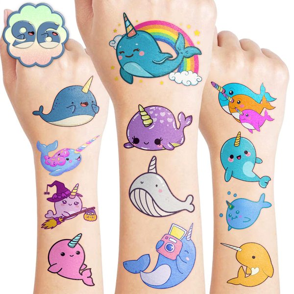 Narwhal Temporary Tattoos - Themed Whale Unicorn Birthday Party Supplies Decorations 96PCS Tattoos Stickers Party Favors Animal Fun Super Cute Kids Girls Boys Gifts Classroom School Prizes Christmas