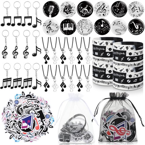 Seajan 110 Pcs Music Party Favors Include Music Notes Silicone Bracelets Musical Note Necklaces Keychains Stickers Badges Organza Gift Bag Fillers for Music Themed Birthday Party Supplies Decorations