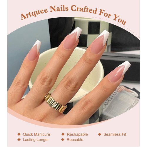 Artquee V French Tip Press on Nails Long Pink White Coffin Fake Nails Tips Glossy Full Cover Acrylic Nail Artificial Nail Art Reusable Stick on Nails Kit for Women - 30Pcs in 15 Sizes