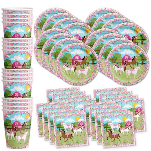 Lovely Pink Horse Birthday Party Supplies Set Plates Napkins Cups Tableware Kit for 16