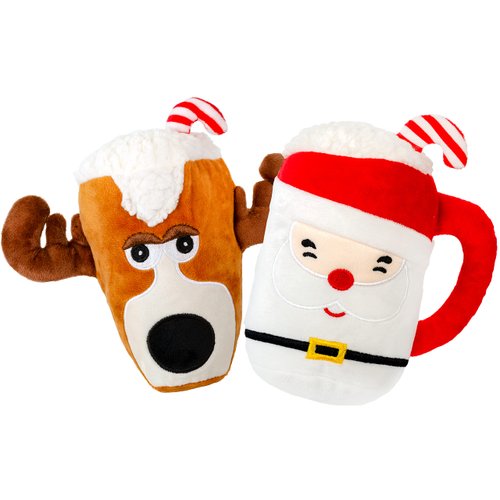 Giftable World Holiday Plush Pet Toy Fun for Christmas Designs with Squeaker Dog Chew Toy (6.5" Santa & Reindeer Cups 2 Pcs)