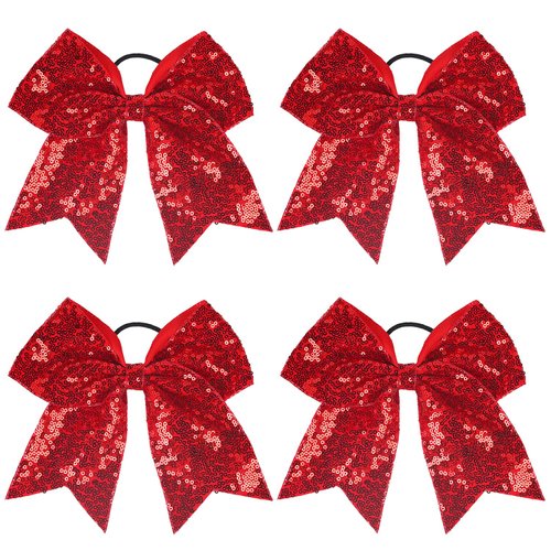 4Pcs Red Bow Hair Ties Happy New Year Hair Ties Shiny Glitter Bows Hair Rubber Bands Ponytail Holder Bowknot Ribbon Hair Ropes for Christmas Hair Accessories for Women Teen Girls (red)