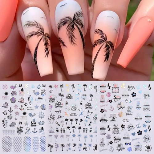 Summer Nail Art Stickers Decals Summer Palm Tree Nail Stickers Fun Summer Stickers for Nails 6PCS Starfish Beach Tropical Coconut Tree Design Manicure Decals Sliders for Summer Nail Art Decorations