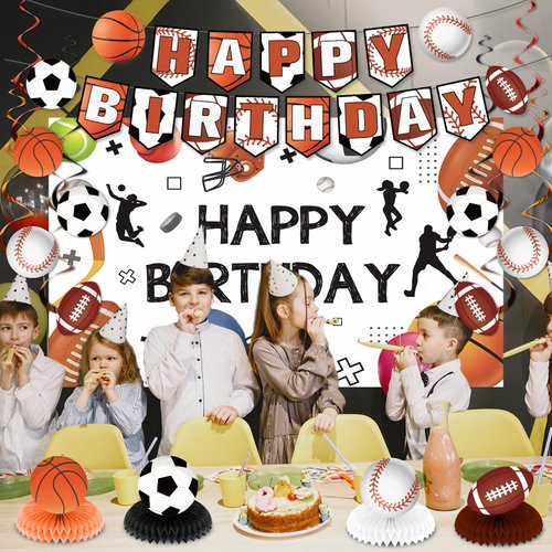 Sports Themed Birthday Party Decorations for Boys Sports Birthday Party Supplies Includes Birthday Banner Baseball Soccer Football Basketball Sports Table Honeycomb Centerpieces Hanging Swilrs