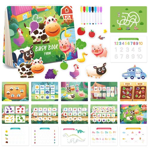Farm Montessori Busy Book Learning Toys for 3 4 5 Year Old Toddler - Kids Preschool Learning Activities 20 Themes Activity Binder Early Educational Autism Sensory Travel Toys Gifts for Boys Girls