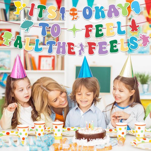 Inside Birthday Party Decorations Banner DIY It's Okay to Feel All The Feels Hanging Banner for Colorful Cute Theme Party Supplies for Fireplace Mantel Wall Decorations