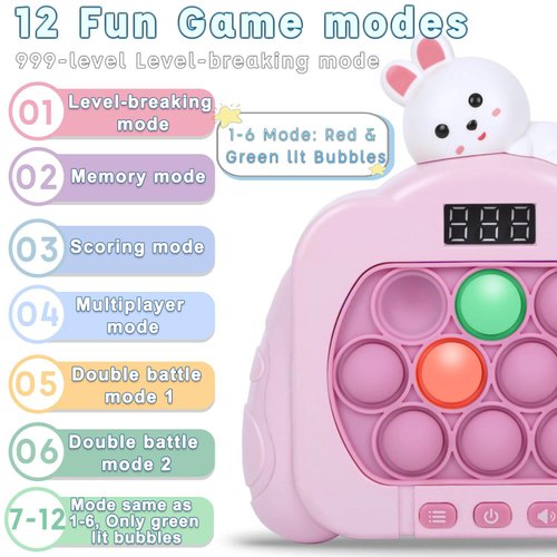 Quick Push Pop Game Fidget Toys for Kids Adults, 12 Game Modes Upgraded Light Up Fast Push Bubble Handheld Game, Stress Relief Toy Party Favors Toy, Christmas Birthday Gifts for 3-12 (Rabbit)