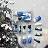 24Pcs Christmas Square Press on Nails Blue Medium Length Fake Nails with Christmas Tree Snowman Snowflakes Patterns Design Xmas Glue on Nails Winter Artificial Nails for Women Acrylic Manicure Salon