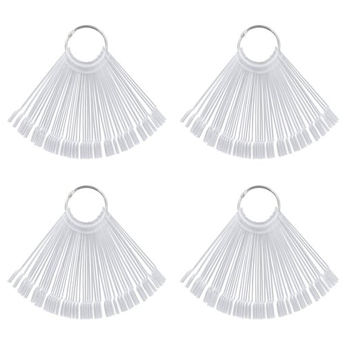 KRISMYA Set of 4 Total 200 Pcs Clear Nail Swatches Sticks,Clear Nails Sample Sticks,Transparent Fan-shaped Nail Art Tips Display Polish Board Display Practice Sticks Tool with Metal Split Ring Holder